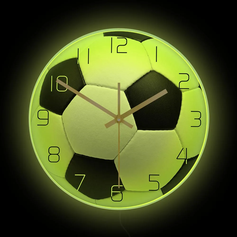 

Football 3D Effect Wall Clock With LED Backlight For Boy Room Sport Home Decor Black White Soccer Ball Print Neon Display Sign