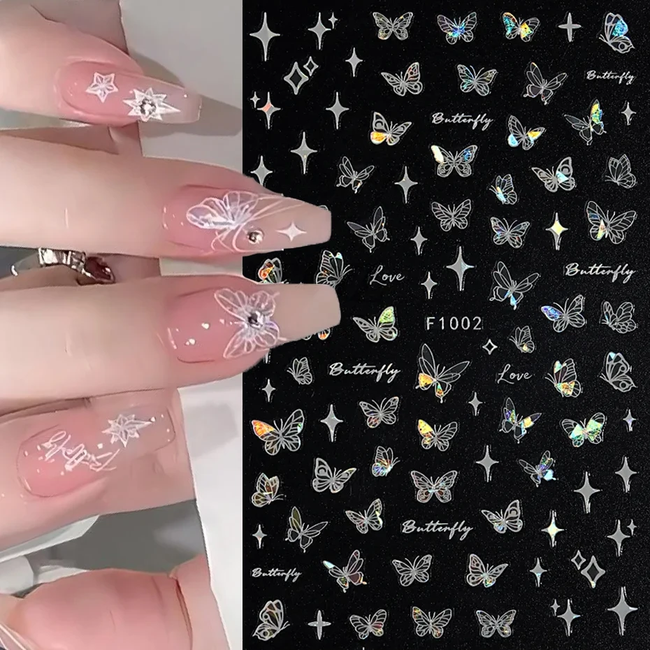 Shell aurora borboleta adesivos para nail art, oco, líquido, laser, borboleta, estrelas, adesivo de volta, decorações