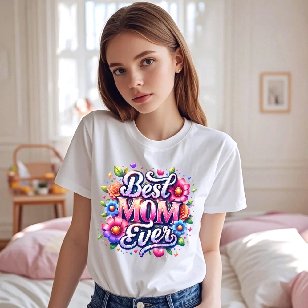 Best Mom Ever Floral Design Women T-Shirt Summer Fashion Tops Gift for Mother Mother's Day Short Sleeve Casual Vintage Clothes