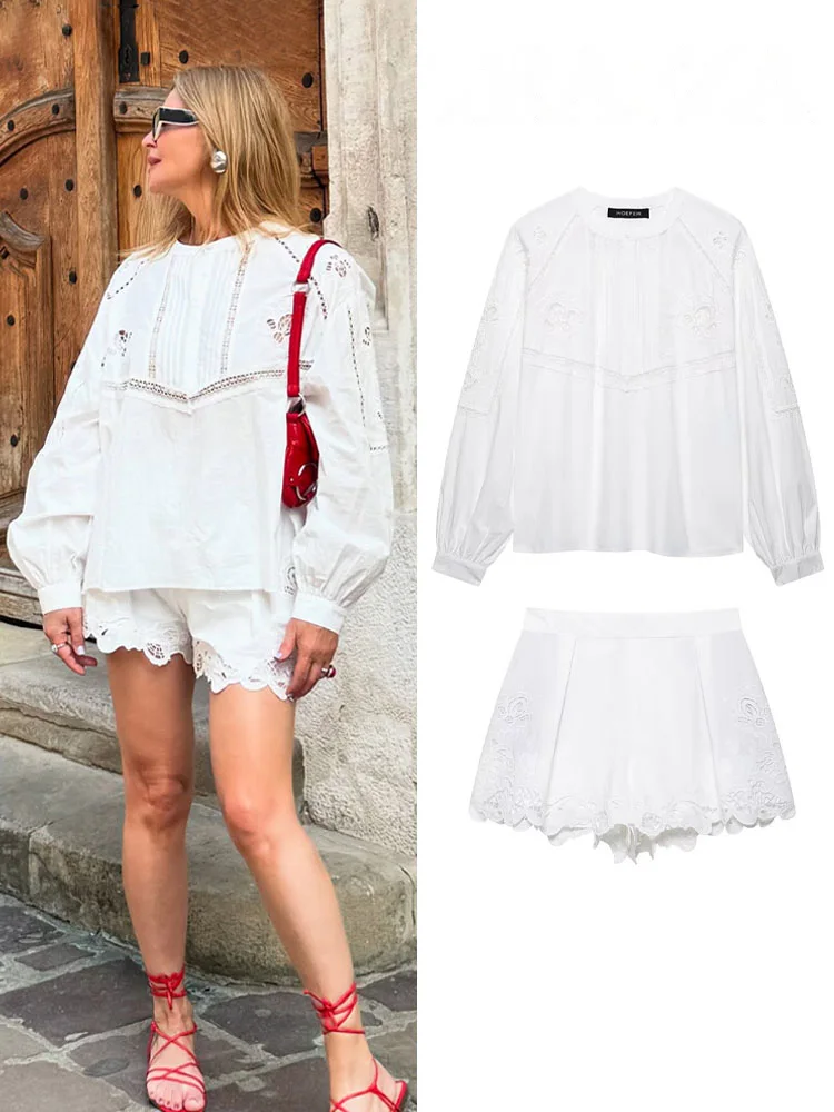 HH verano mujeres Chic hueco bordado decoración O-Collar blusas Top + moda sólido alto plisado Casual pantalones cortos conjuntos