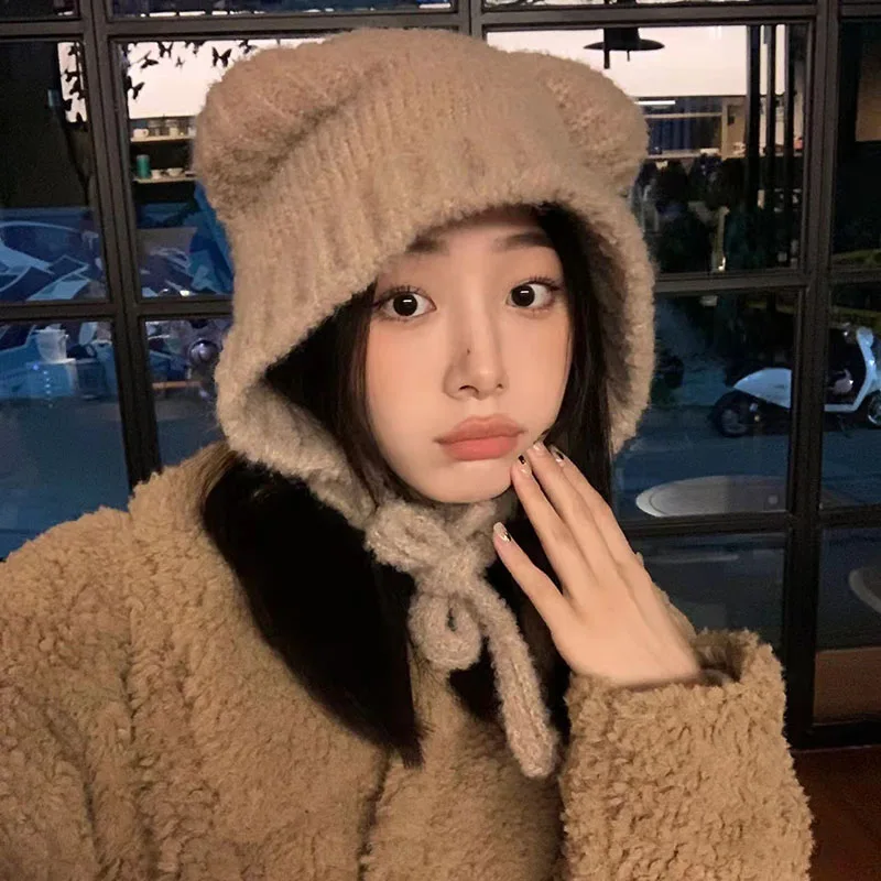 Cute Bear Wool Warm Cap Fall Winter Big Head Circumference Ear Protection Cap Tie Head Knitted Cap Korean INS Style Wholesale