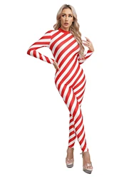 #S-5XL Womens Christmas Candy Cane Bodysuit Santa Costume Unitard Mock Neck Long Sleeve Zipper Jumpsuit for Xmas Cosplay Party