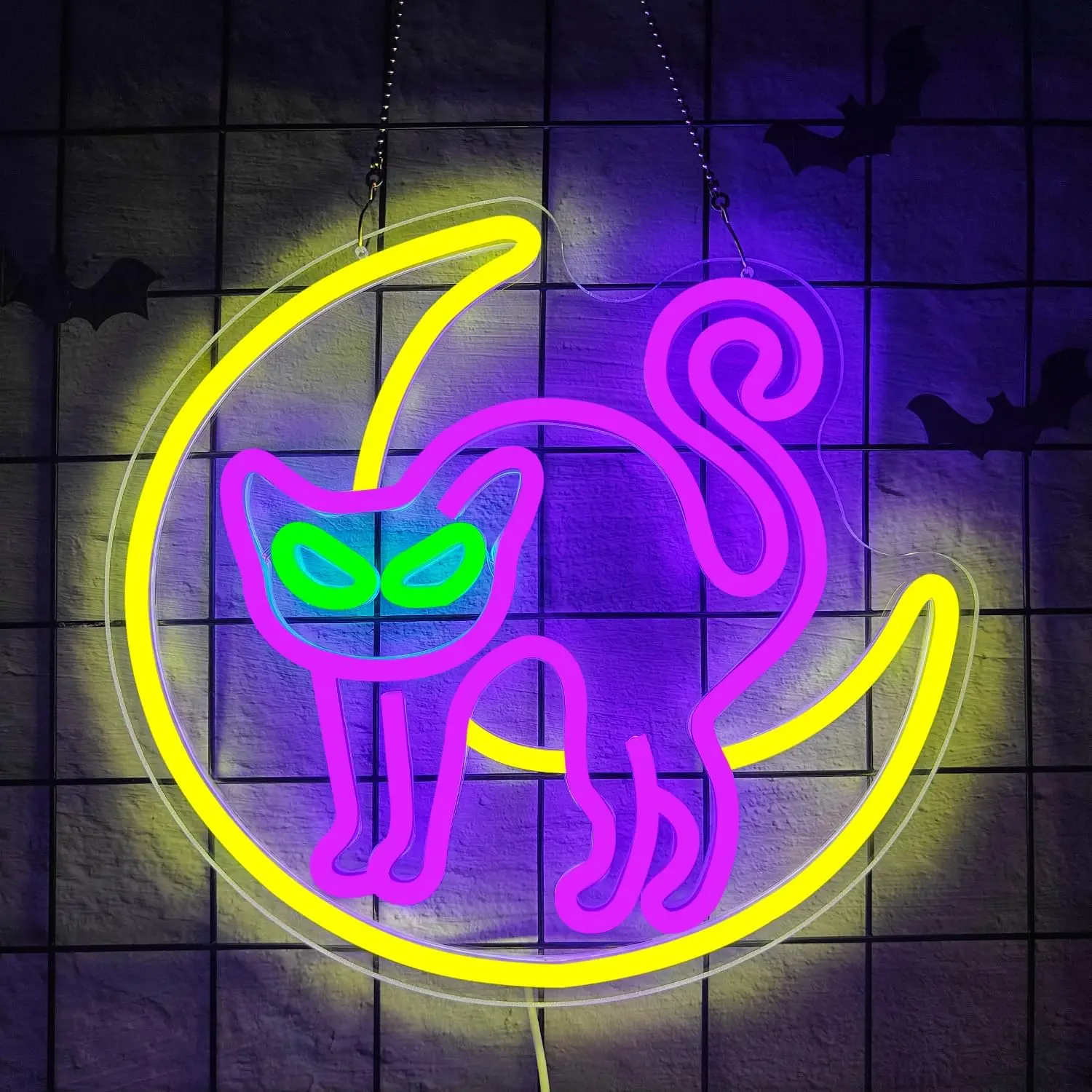 黒猫ネオンサイン-光る月付き-調光可能-usb電源-ハロウィン壁飾り-ホームバーパーティー用-猫好きのための不気味なギフト