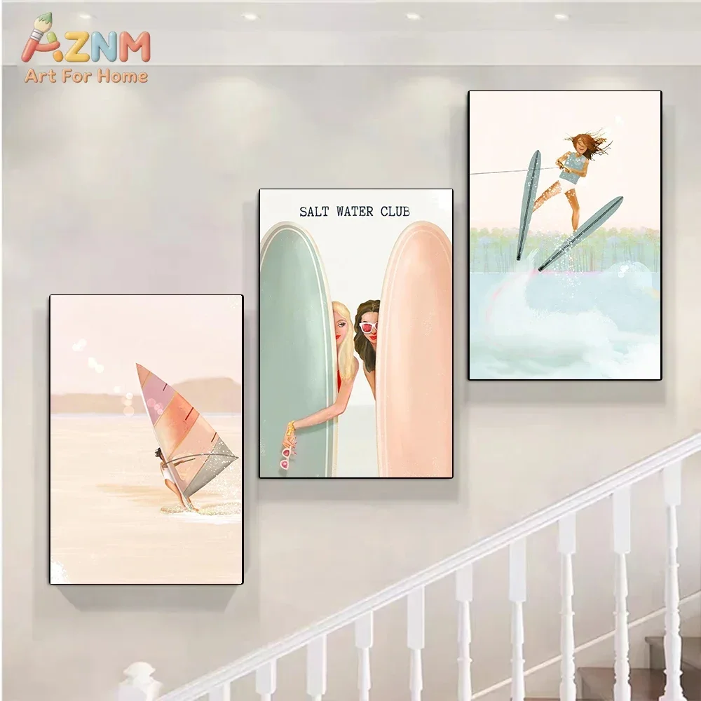 AZNM Pastel Surfing Canvas Wall Art Retro Surfboard Couple Kitesurf Palm Car Summer Beach Coastal Unframed Canvas Poster