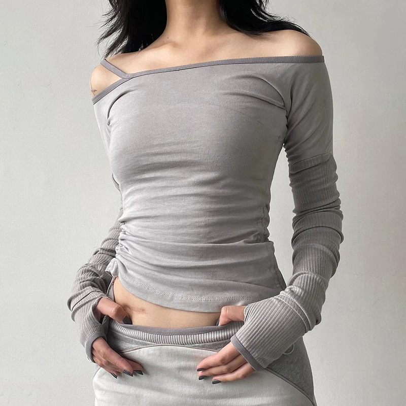 Rapcopter Solid Patchwork Crop Top Bandage Asymmetrical T Shirt Women Full Skeeve Korean Harajuku Tee Casual Stylish Autumn 90s