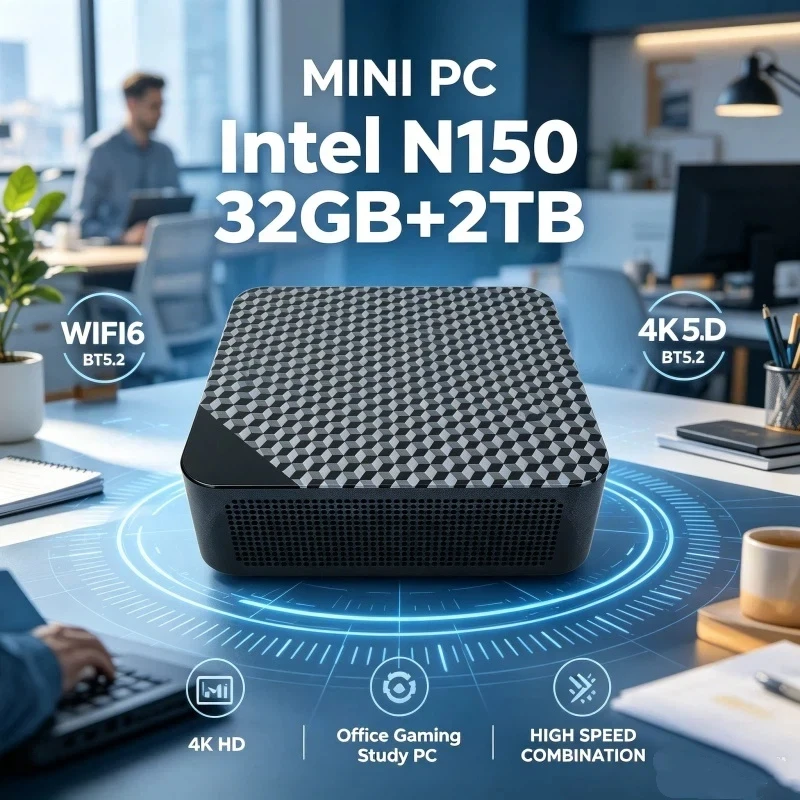 

New Arrival! N150 Mini PC – 32GB+2TB High Speed Combo, WiFi6, BT5.2, 4K HD, Portable Desktop for Office, Gaming & Study