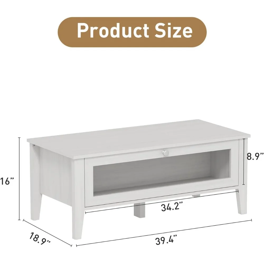 White Modern Coffee Table with Glass Door Storage,Rectangular Wooden Center Table for Living Room, 39.4"*18.9"*16"