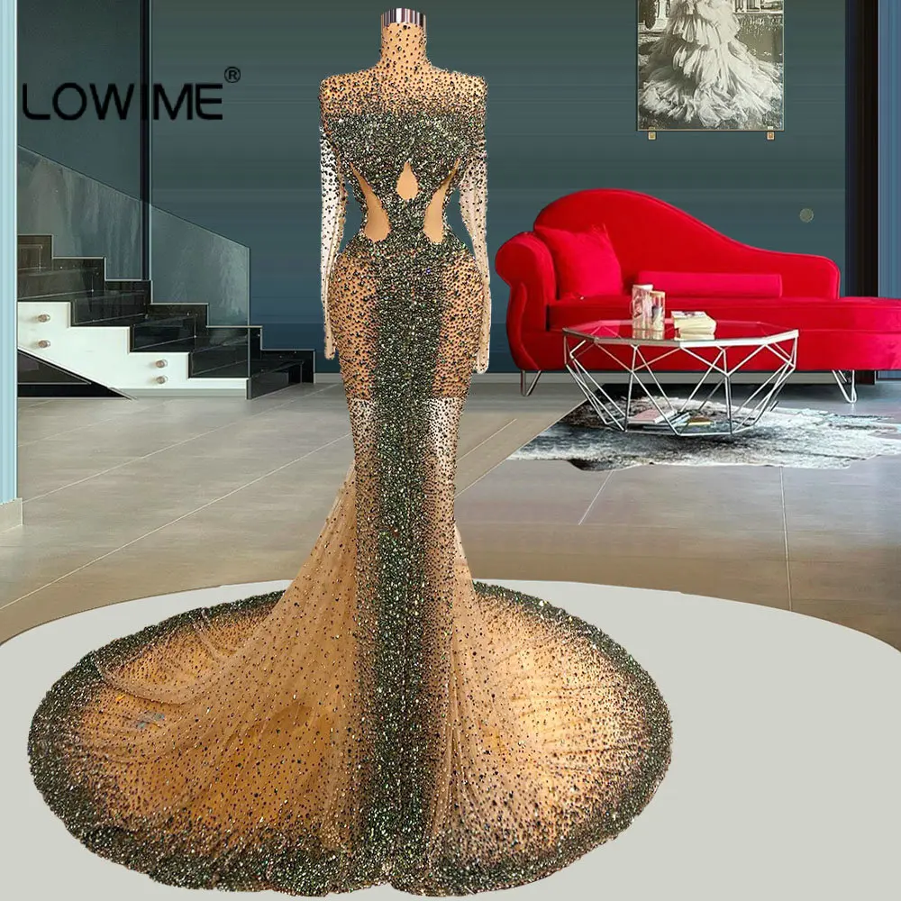 Dubai Designer Luxury Heavy Beading Muslim Long Sleeve Mermaid Evening Dresses Sparkly High Neck Women Pageant Prom Party Gowns