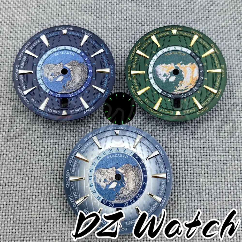 DZ 33.5mm NH35 Watch Dial Green Blue Earth Dial C3 Super Green Luminous 6 o\'clock Crown Date Window fit NH35 Movement