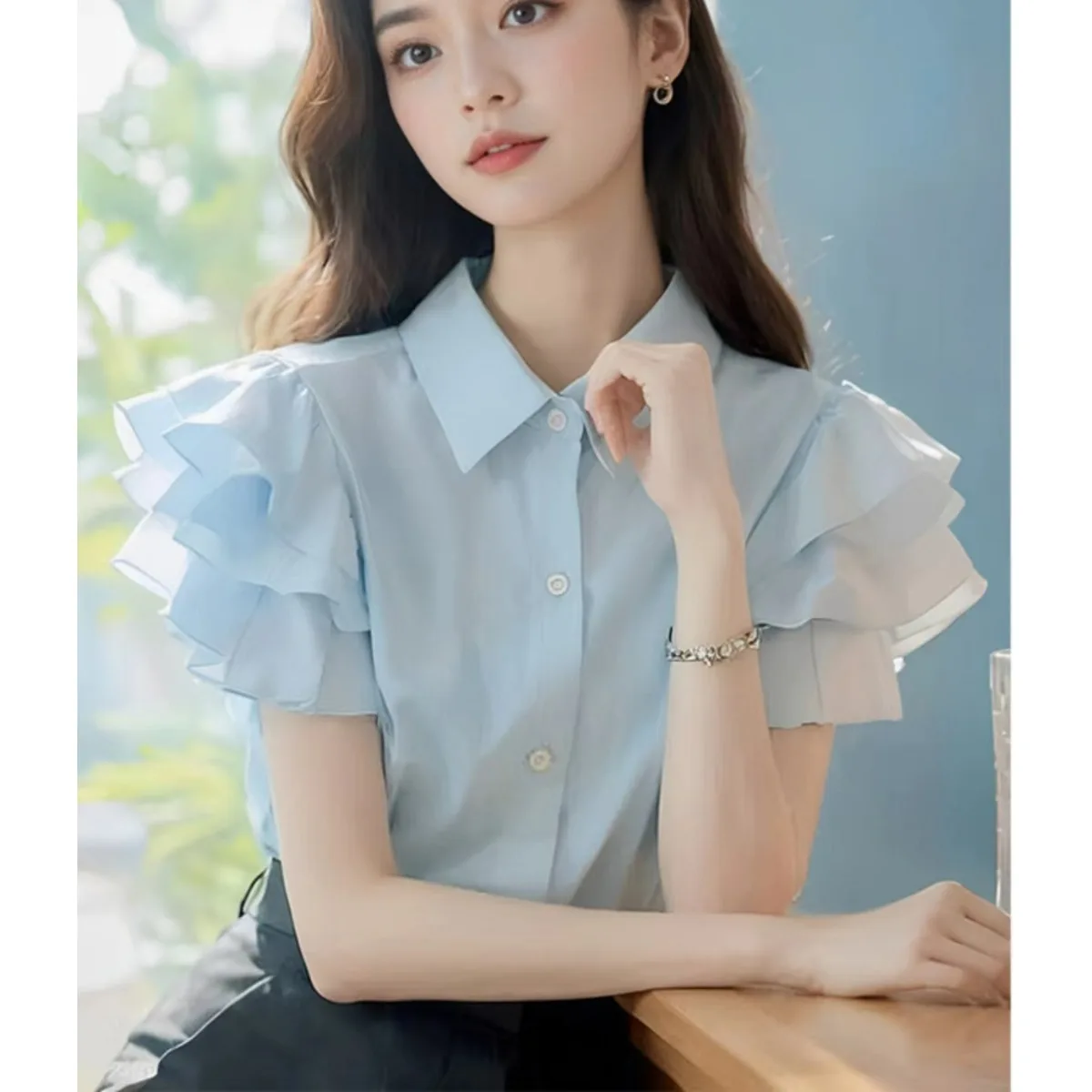 

Sli Casual Blue irt Women's ort Sve Cotton Top Beautiful Lace Trim Summer Faion High-End Feel Commute Sle Pure...