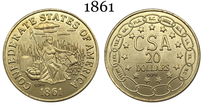 US 1861 20 Twenty Dollars CSA Confederate United States Gold Brass Metal Copy Commemorative Coin Ww2 Moneda Collectible Coins