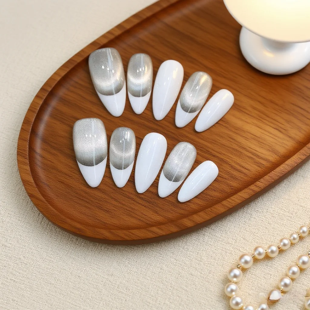 

10pcs Simple Fench Style Press On Nails Shiny Cat's Eyes Designs Handmade False Nails Sweet Almond Fake Nail For Girls