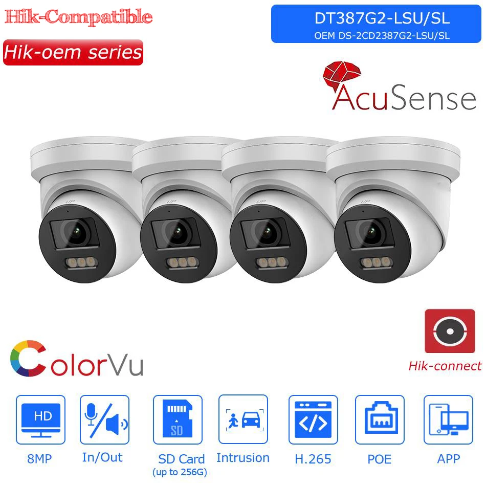 

4PCS Hik OEM 8MP ColorVu Acusense IP Camera Light&Audible Warning 2-way Audio Surveillance Camera replace DS-2CD2387G2-LSU/SL