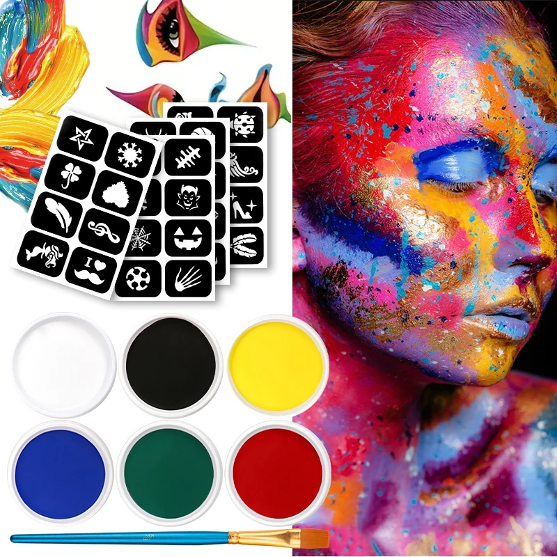 6色モノクロフェイスペイントブラシセット、子供用パーティー水性フェイスペイントセット、ハロウィンボディメイクパレット