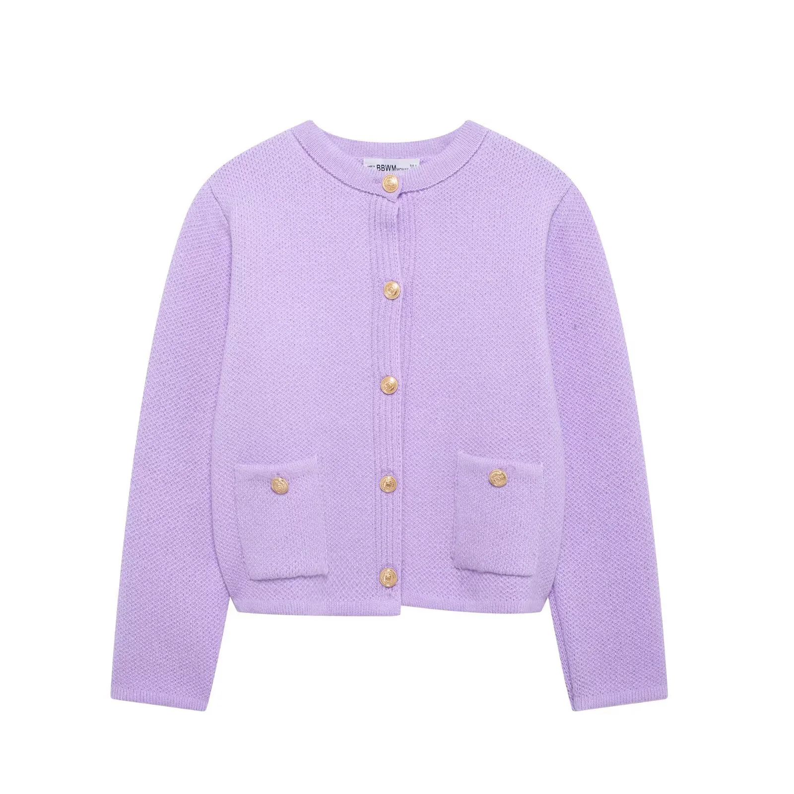 

Women's New Fashionable And Versatile Gold Buckle Decoration Long Sleeved Round Neck Knitted Jacket