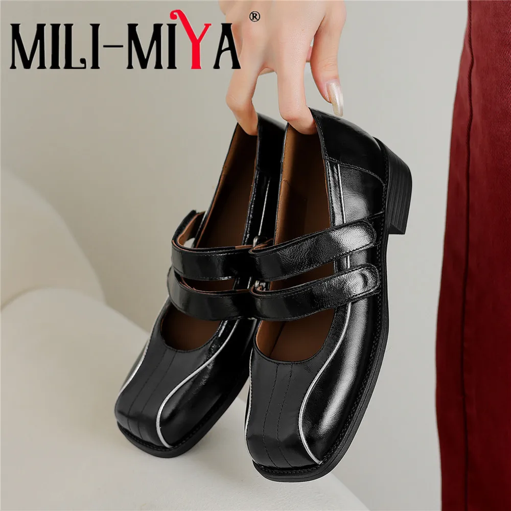 MILI-MIYA Women's Round-Toe Cowhide Leather Casual High-Heel Shoes With Chunky Heel And Velcro Fastening Big Size 34-40 Handmade