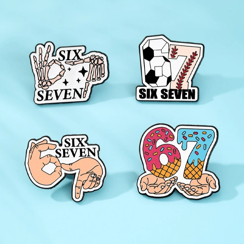 Creative Cartoon 67 Theme Skull Brooches Funny Gesture Enamel Alloy Pins Unisex Badges DIY Clothing Bags Hat T-shirt Accessories
