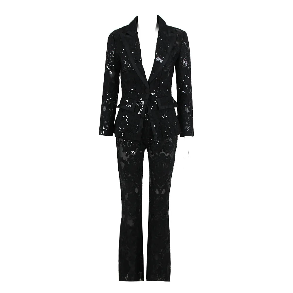 Black Lace Mesh Embroidered Sequin Pant Sets White New Designer Sequins Blazer Pants Set 2 Pieces Pants Suits Punk Suit Outfis