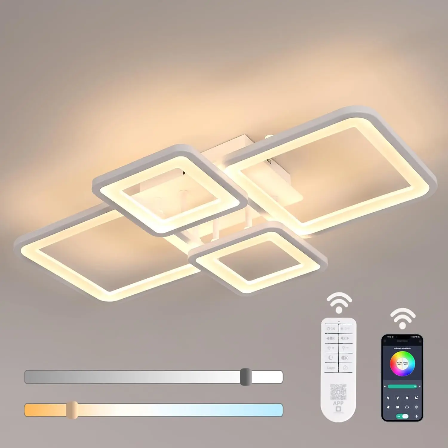 Plafonnier LED moderne à 4 carrés, dimmable, 3000K-6500K, 3 couleurs changeantes avec télécommande et contrôle par application, pour salon, chambre à coucher, décoration intérieure