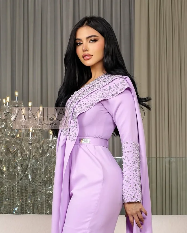 Lilac Lavender Jumpsuit Evening Formal Dresses with Ribbon Long Sleeve Crystal Beaded Customized Jersey Prom Gown Pant Suit