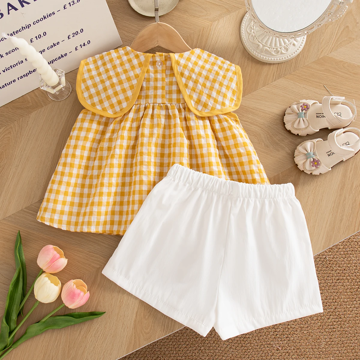 Baby Girl Cotton Suit Cartoon Embroidered Sleeveless Yellow Plaid Tops with White Shorts 2 Piece Set Summer Daily Outfit OOTD