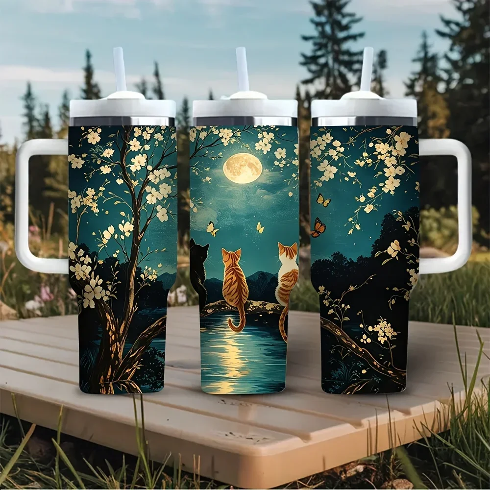 40oz Tumbler with Handle, Printed with Three Cats Watching Full Moon Night Floral Scenery, Perfect for Cat Lovers, Fits Daily Use And Outdoor Activities, for Both Hot And Cold Drinks
