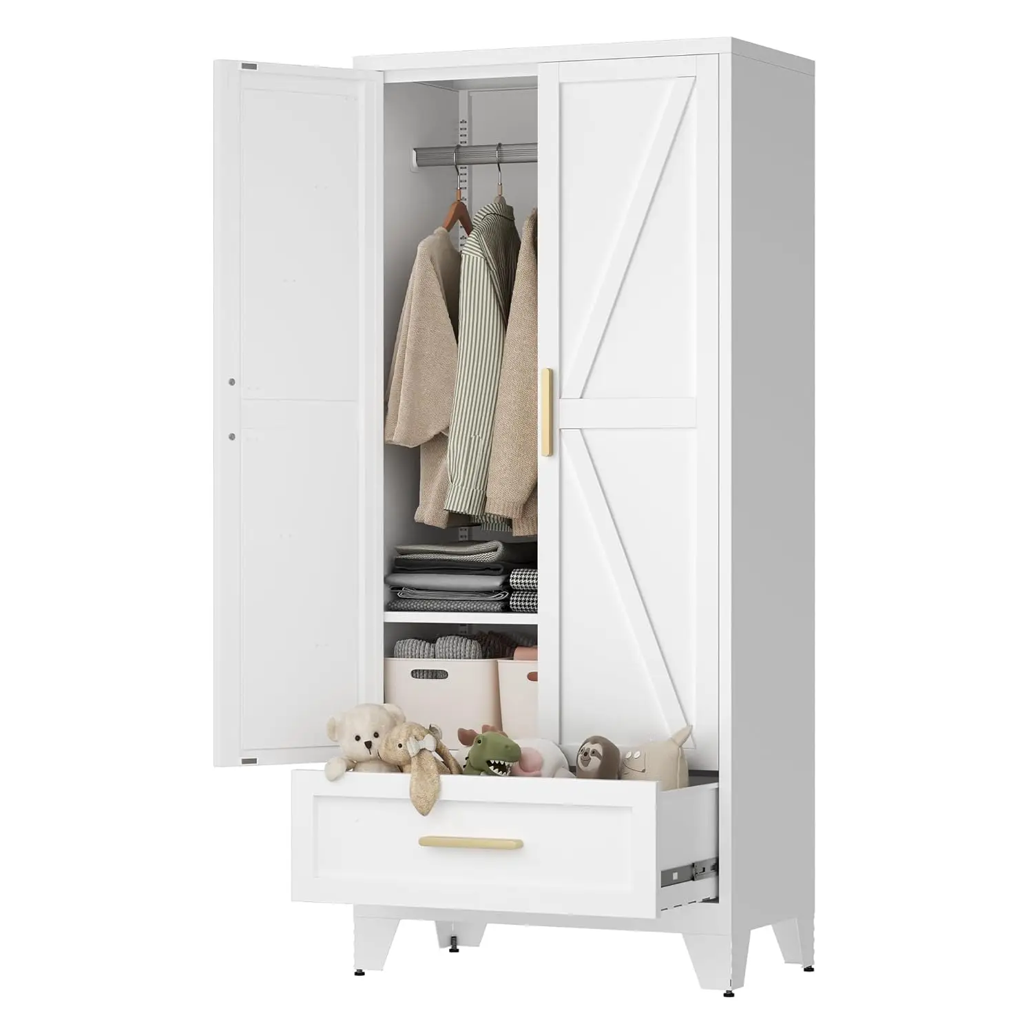 71" Tall Metal Wardrobe Cabinet with Drawer and Hanging Rod, 2 Doors Armoire Wardrobe Closet with Shelf for Bedroom,, Custom