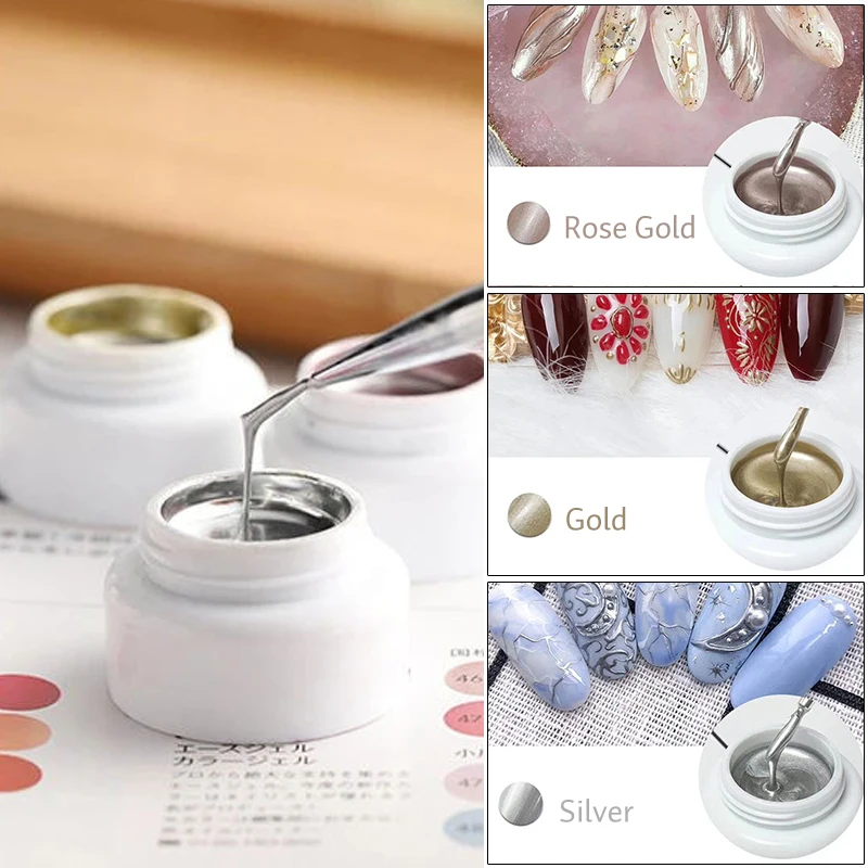 طلاء أظافر جل ثلاثي الأبعاد ملون بالأشعة فوق البنفسجية ، معدن ، ذهب وفضة ، فن الأظافر ، الطلاء ، جل كحل ، يستخدم للأظافر الأكريليكية ، الرسم ، تصميم الجل #1