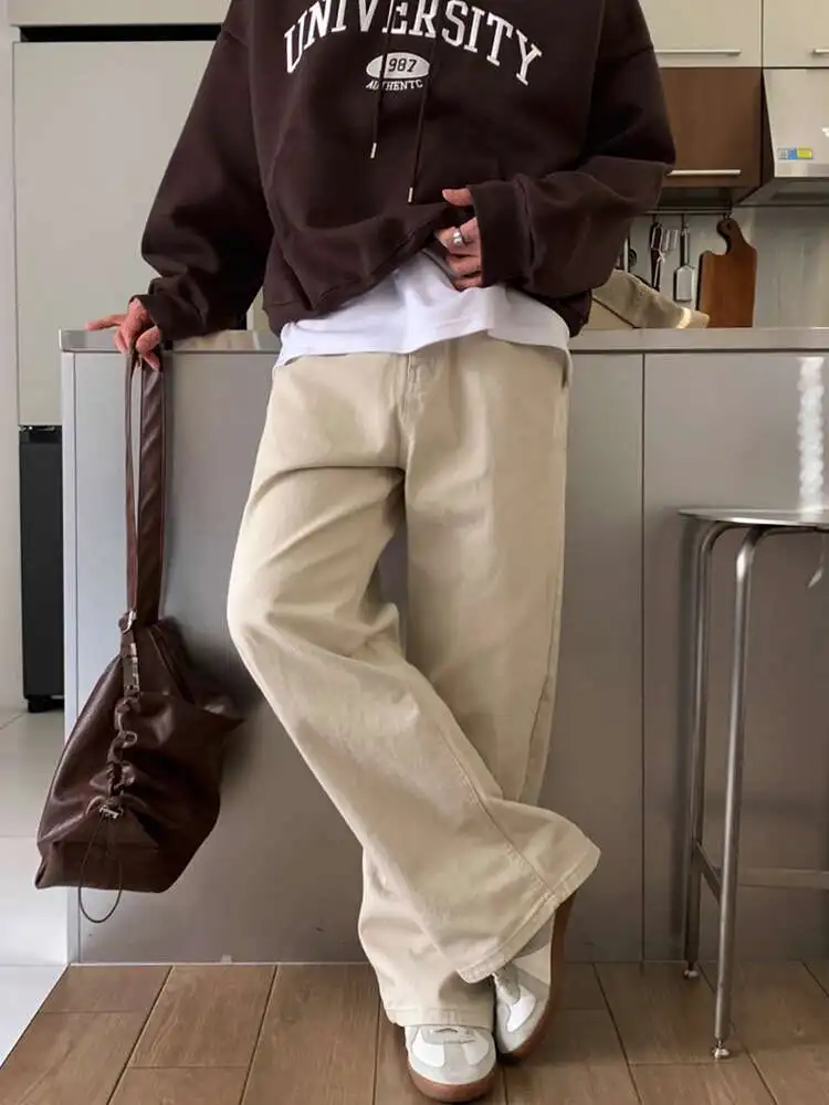 

SYUHGFA 2025 Autumn Men's Denim Pants Korean Style Vintage Solid Color Male Loose Straight Wide Leg Draped Cargo Trousers