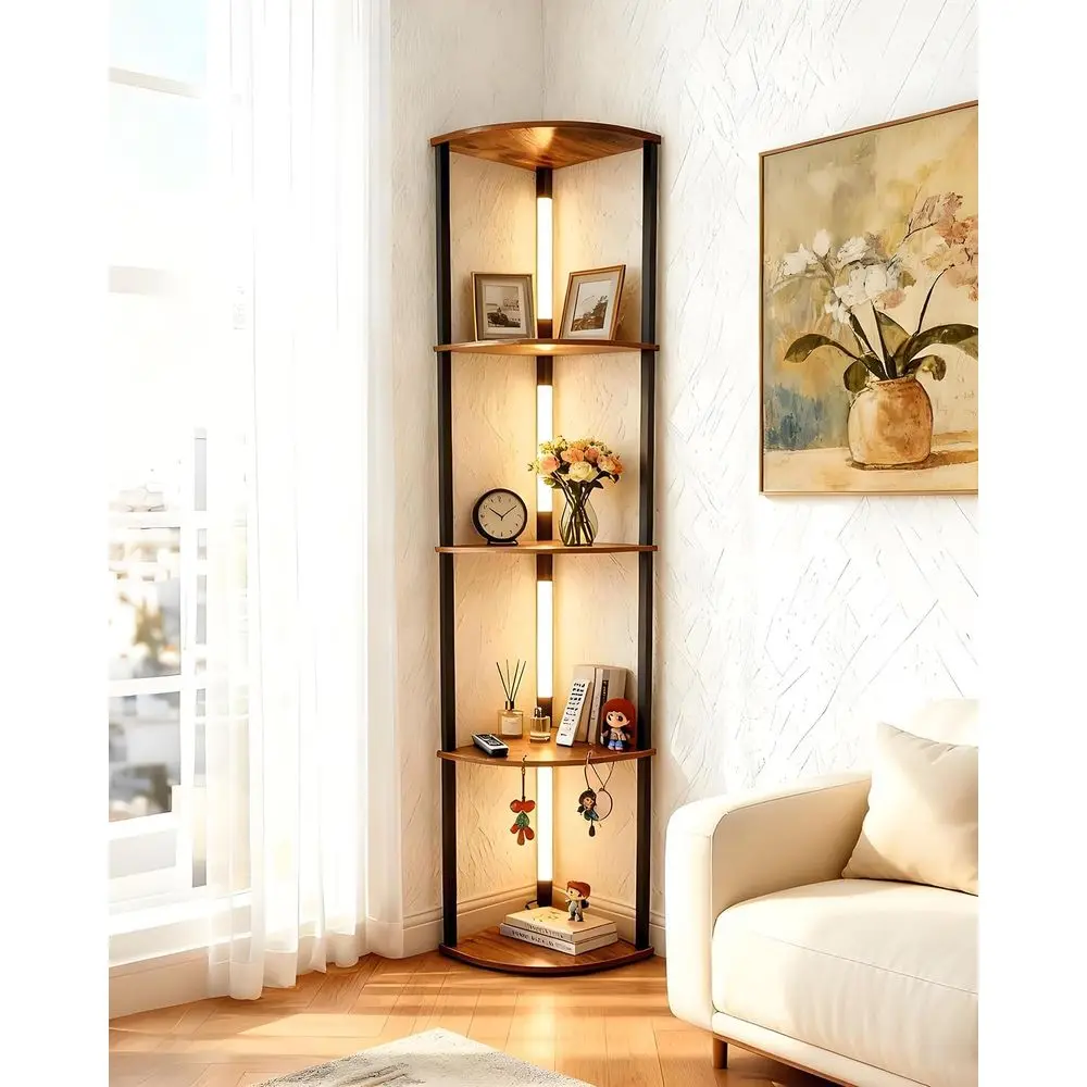 

64-дюймовый 5-ярусный напольный светильник с интегрированными светодиодными столбами/оранжевыми полками/черным корпусом, напольный светильник-витрина для гостиной, спальни, дома, офиса