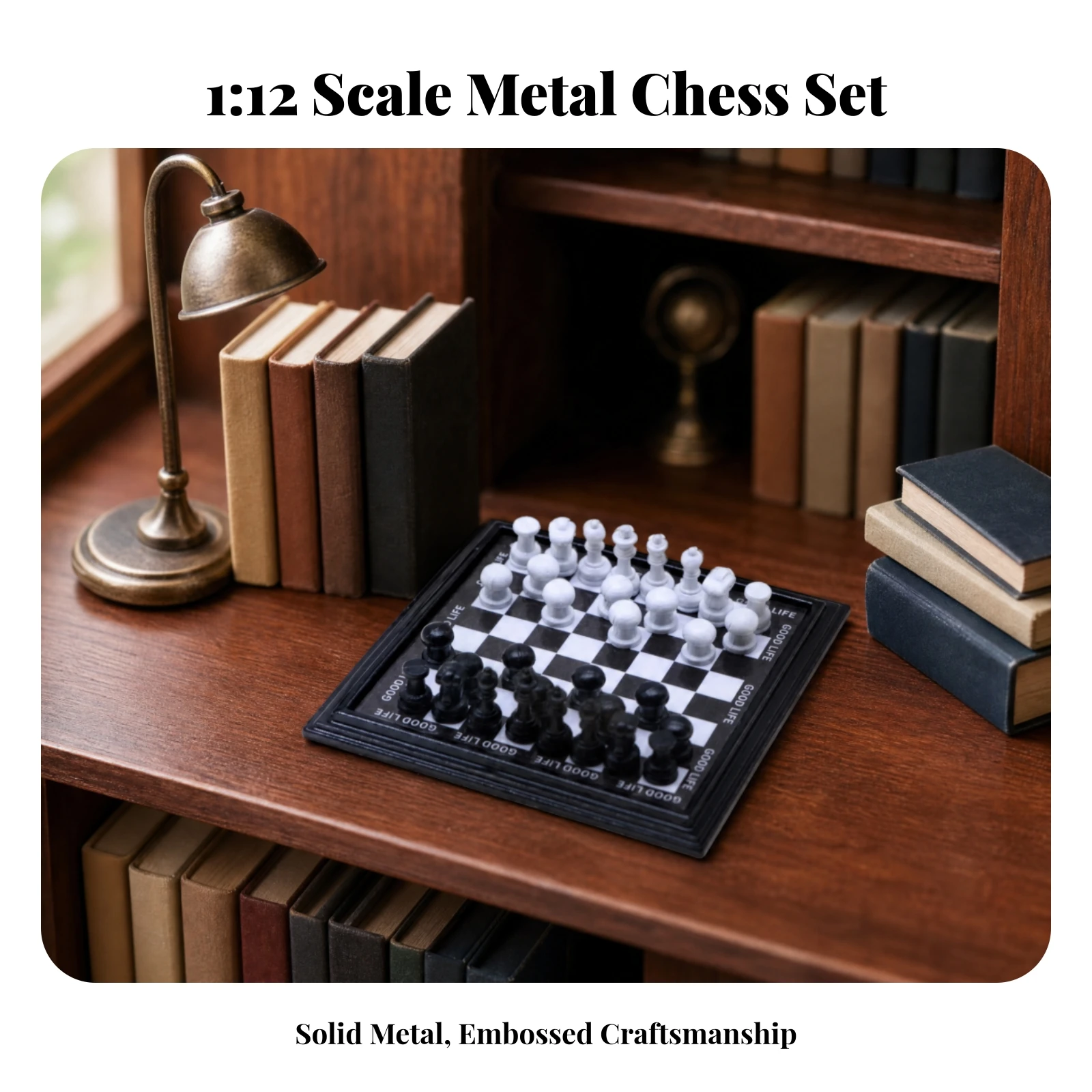 Miniature Metal Chessboard Space-Saving Dollhouse Miniature Chess Set Mini Chessboard with Sculpted Pieces Lightweight