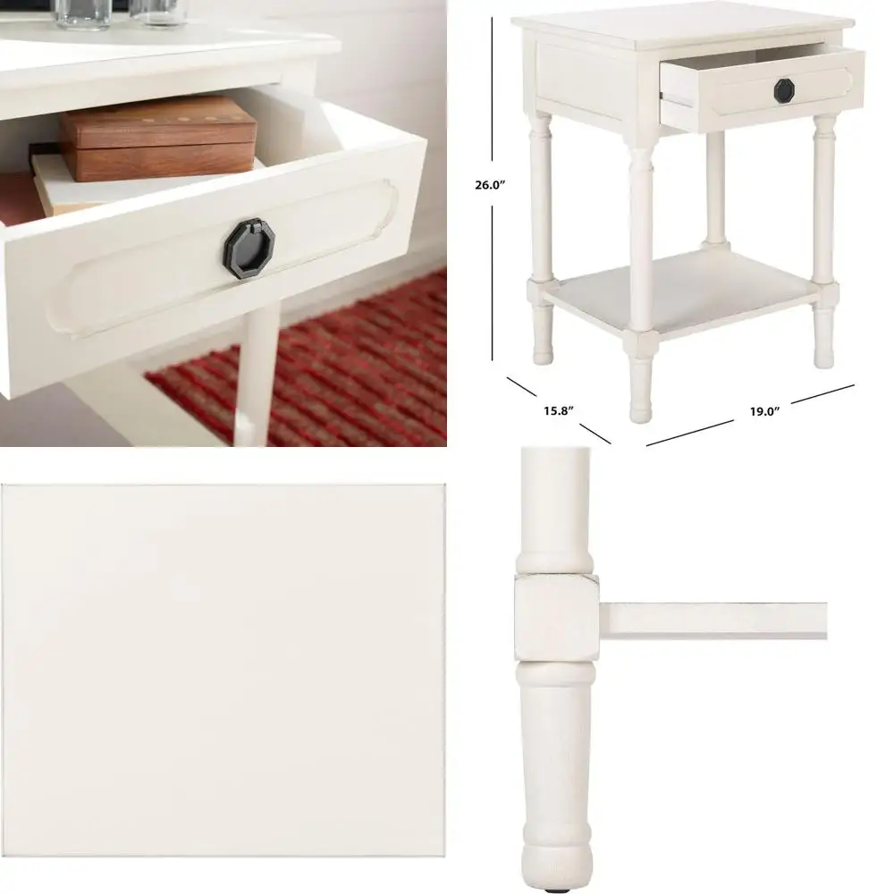 

Distressed White Accent Table with Drawer & Shelf, Modern Farmhouse Nightstand, Carved Detail Design