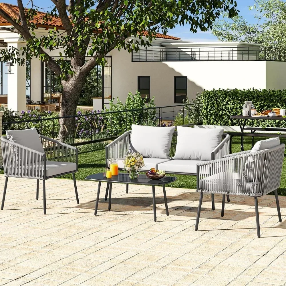 4-Piece Patio Furniture Outdoor Bistro Set,All Weather Double Loveseat Backyard,Balcony Deck Soft Cushions and Outdoor Tables