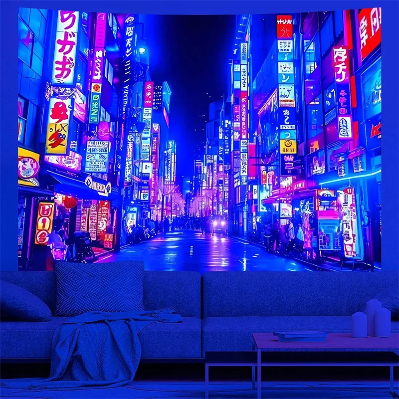 Tokyo Street UV Reactive Tapestry Japan Urban Night View Tapestry Wall Hanging Hippie Bedroom Aesthetic Living Room Home Decor