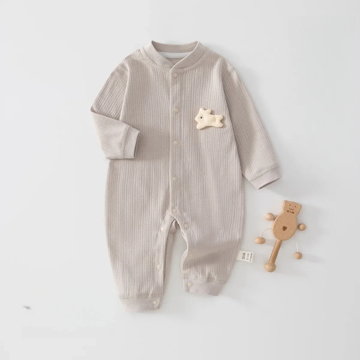 Spring 0-2Y Cotton Baby Romper Newborn Boys Girls Bodysuit Ribbed Texture Cute Patch Button Closure Soft Infant Jumpsuit Clothes