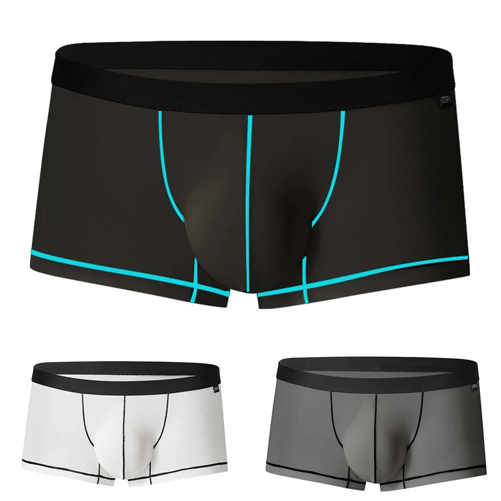 Men\'s Thin Ice Silk Soft Skin-Friendly Briefs Crotch Bulge Pouch Panties Low Waist Sweat Breathable Shorts Underpants