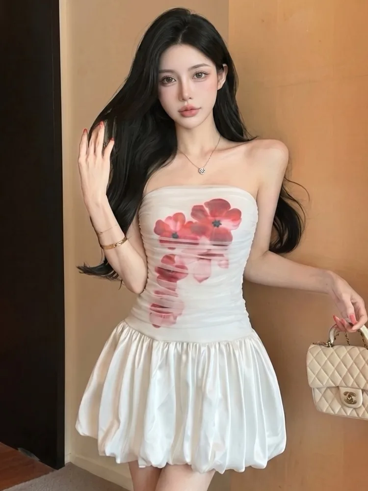

Pure Desire Floral Print Mesh Insert Halter Dress Women's High Waist Slimming Sexy Backless Puffy Skirt Summer New Style