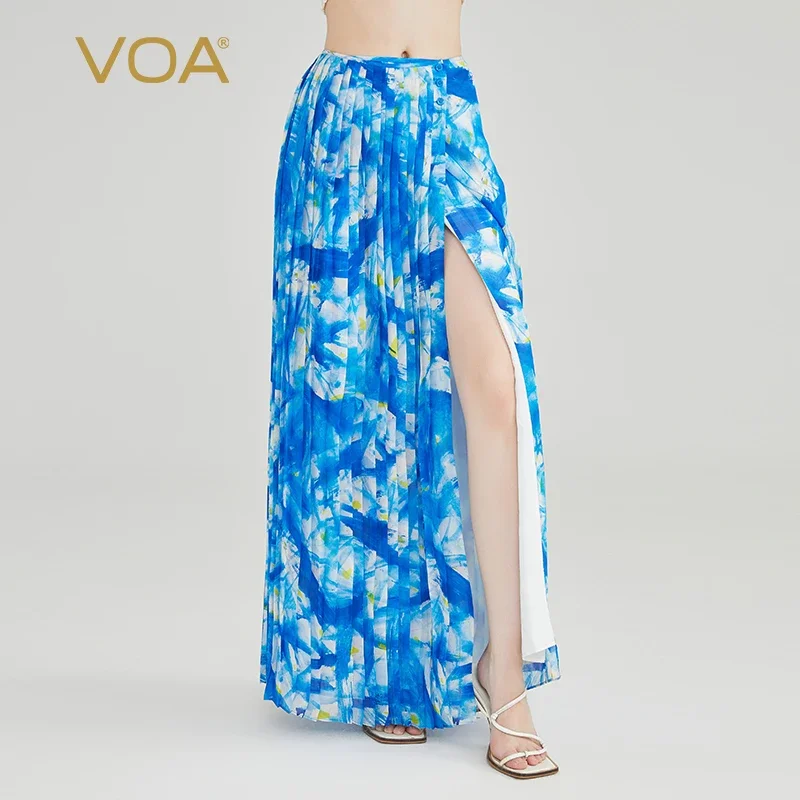 VOA Real Silk One Piece Georgette Sky Blue Asymmetric Three Button Organ Pleated Sexy Holiday Style Half Skirt CE220