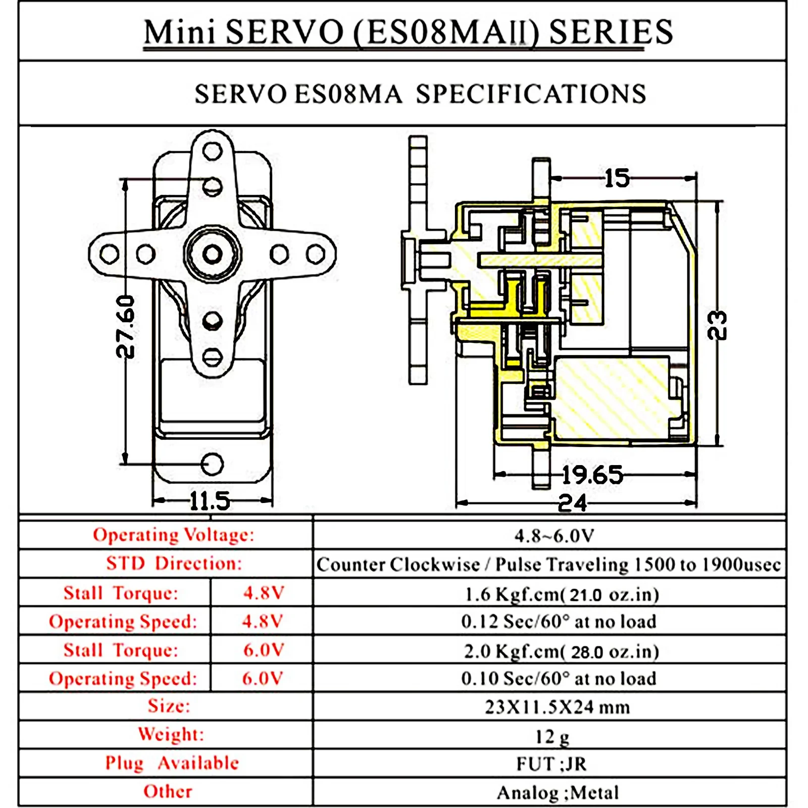 INJORA EMax ES08MA II 12g Servo de engranaje de Metal analógico con soporte y brazo 15T para modelo de coche RC Axial SCX24 piezas de mejora de gladiador