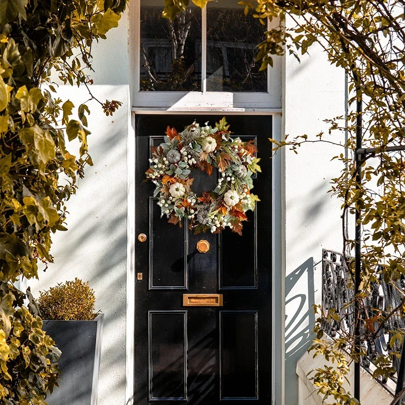 Thanksgiving Artificial Fall Maple Leaf and Pumpkin Wreath for Front Door Home Farmhouse Decor Harvest Festival Hanging Garland