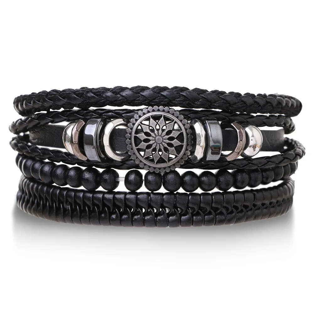 4 stks/set Gevlochten Lederen Wrap Armbanden voor Mannen Vintage Leven Boom Roer Charme Houten Kralen Etnische Tribal Polsbandje Touw Armband