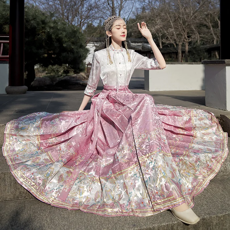 Hanfu Horse-face Skirt Women Chinese Traditional Hanfu Vintage Pleats Skirt Multiple Color Sets 2024 Work Streetwear Long Skirt