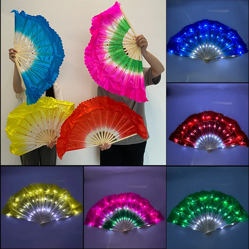 Colorful Luminous Silk Fan LED Lights Silk Veil Fan for Practice and Stage Performance Dance Costumes Square Dance Accessories