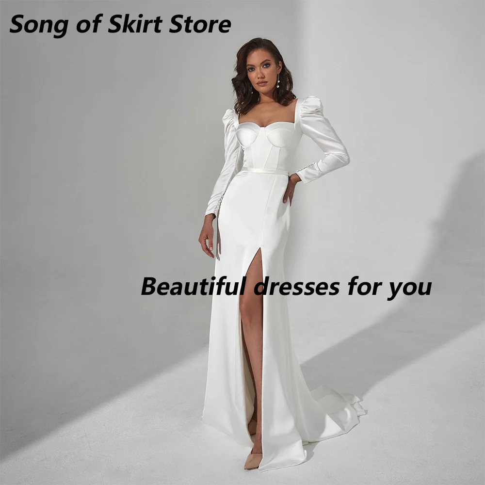 فستان زفاف أنيق من الساتان الناعم برقبة على شكل قلب وأكمام طويلة وفتحة جانبية للشاطئ باللون الأبيض مشد فستان زفاف رداء De Mariee مخصص #1