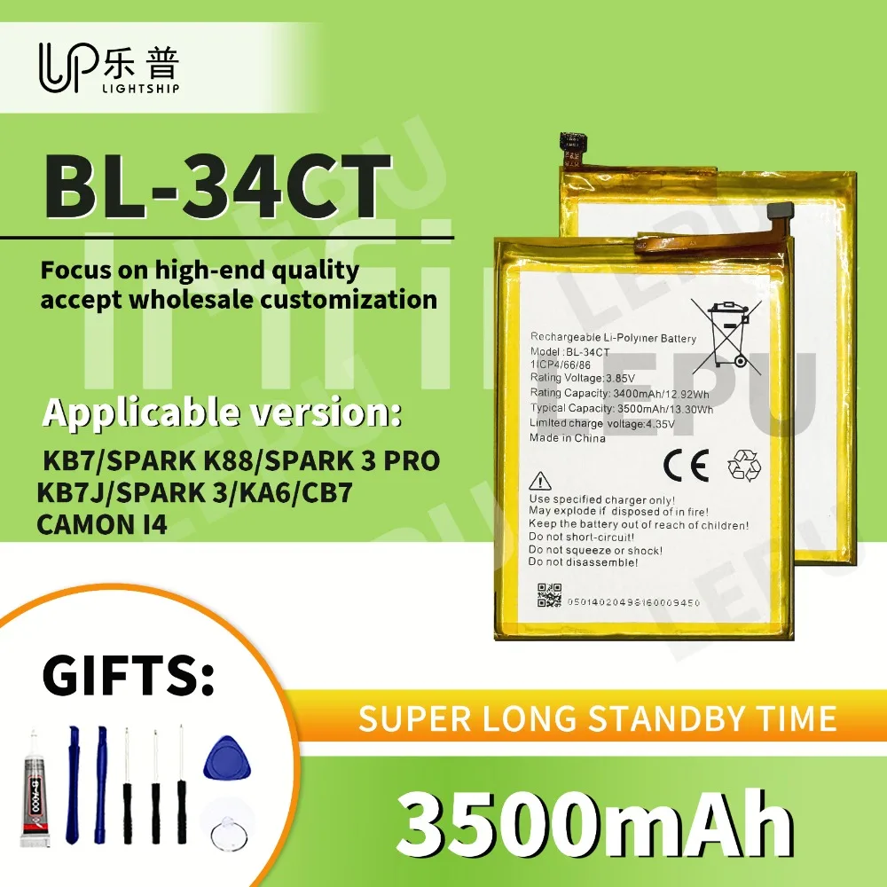

BL-34CT New Battery 3500mAh for INFINIX TECNO KB7 SPARK K88 Battery SPARK 3 PRO KA6 CB7 CAMON I4 with Free Tool Original Battery