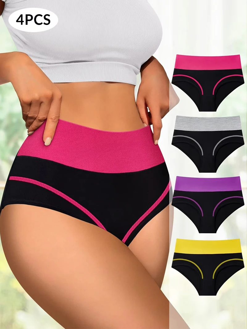 4Pcs High Waist Women Panties Body Shaper Soft Cotton Briefs Slim Breathable Panty Lingerie Female Underwear Plus Size XS-3XL