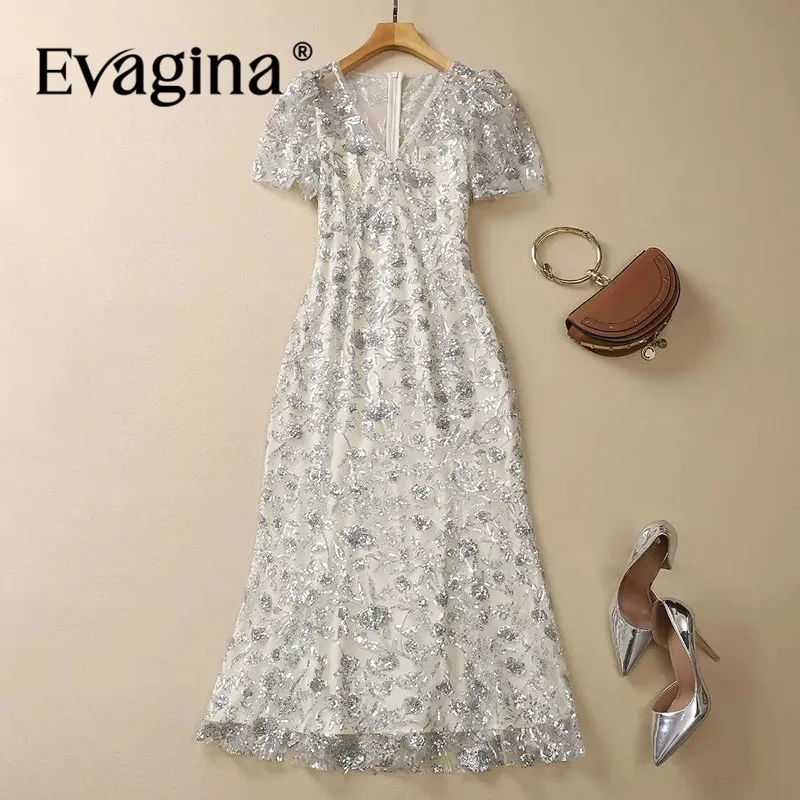 

Evagina Fashion Women's New V-Neck Short-Sleeved Elegant Chic Mesh Sequin Slim-Fit High Quality Breathable Vintage MIDI Dress