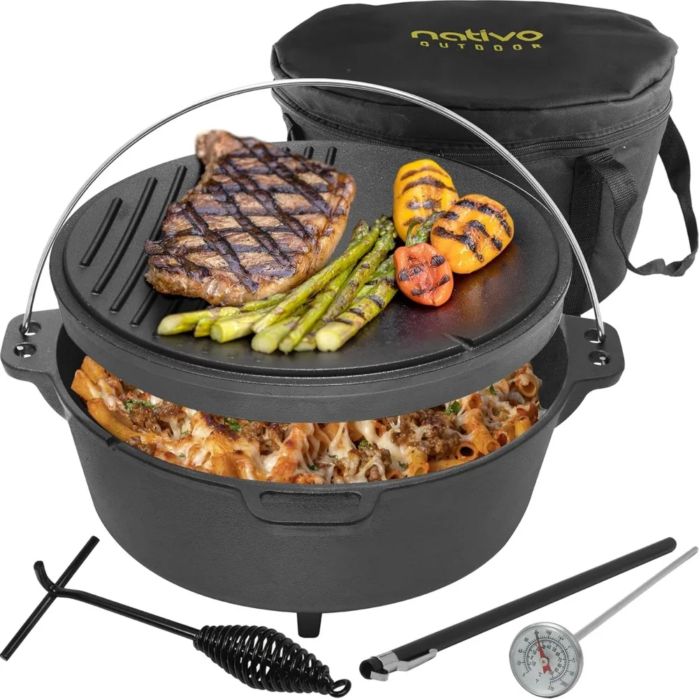 

6QT Pre-Seasoned Outdoor Cast Iron Dutch Oven Pot with Multipurpose Lid, Dutch Oven for Camping and Outdoor Cooking using Fire