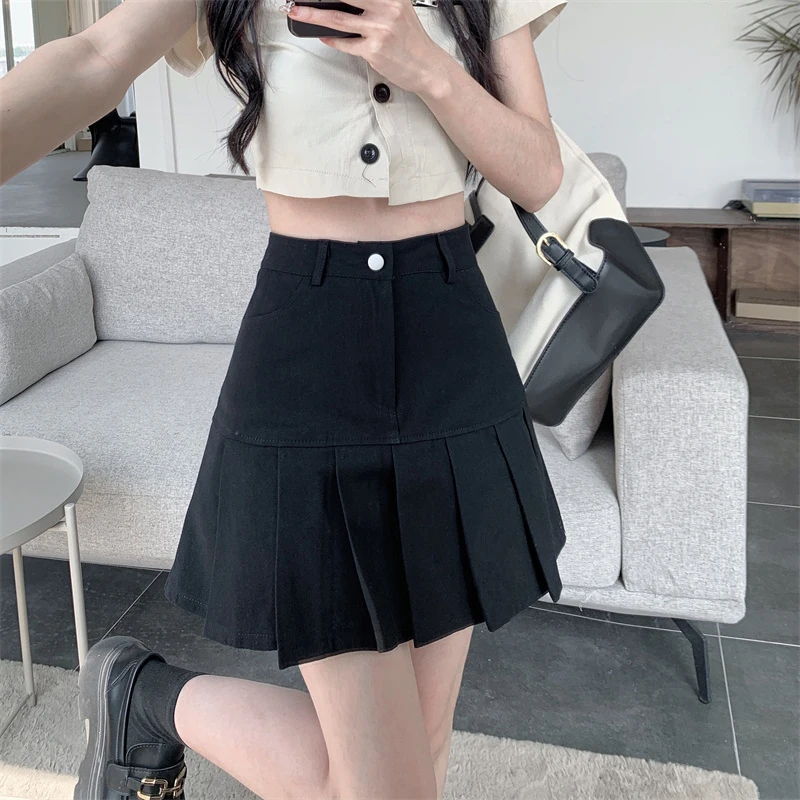 y2k Brown Denim Pleated Skirts Mini Solid Casual Woman Fashion Korean Style High Waist Skirt Preppy Denim Skirts Female 2022