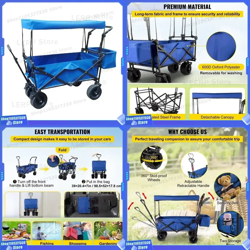 Heavy Duty Folding Camping Wagon with Removable Canopy and All Terrain Wheels Portable Outdoor Utility Cart for Beach Garden
